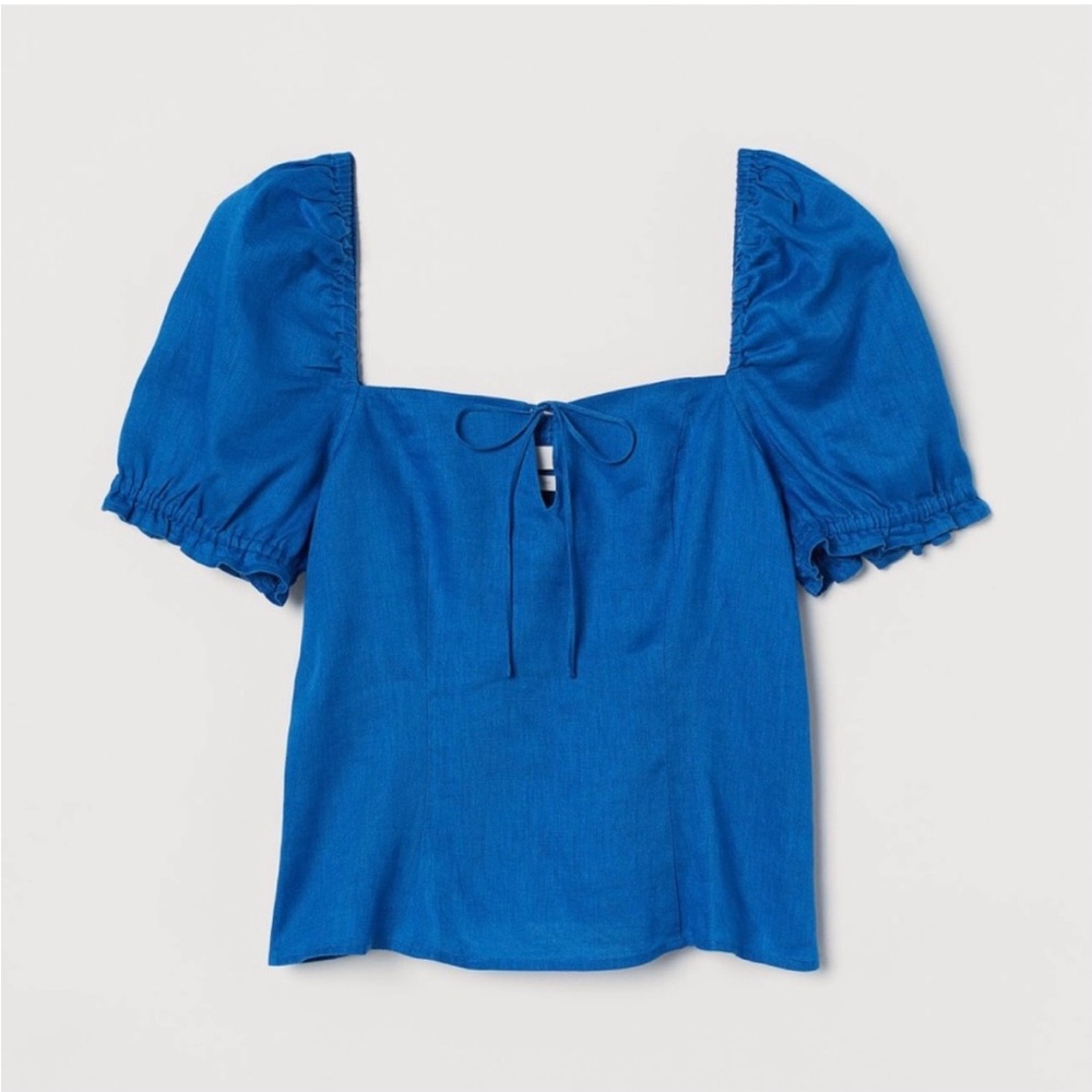H&M Linen Blouse Square Neck Puff Sleeves Blue Med